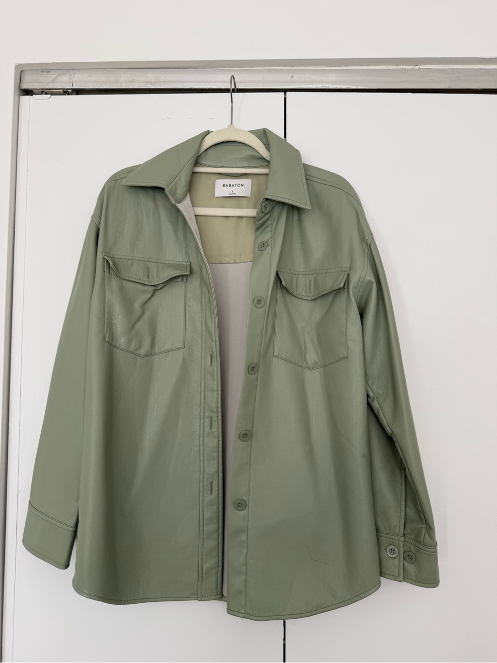 Babaton Sage Green Faux Leather Utility Jacket